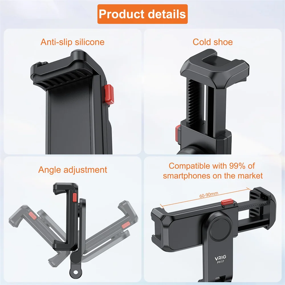 VRIG Upgrade Phone Holder Clamp w Gopro Port Dual Cold Shoe Mount for Iphone Android Smartphone Camera Tripod Adapter Mic Light