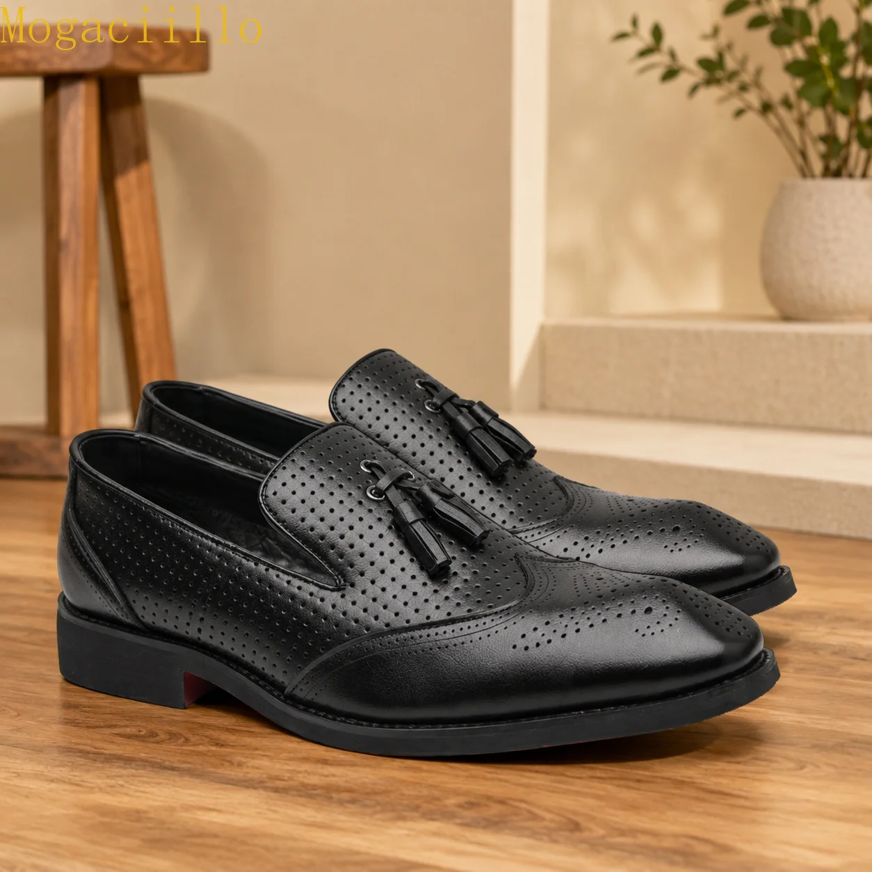 Brand Yellow Men's Tassel  Red Sole Loafers Large Size 39‑46 Perforated Breathable Wingtip Brogue Slip‑On Casual Leather Shoes - view 3