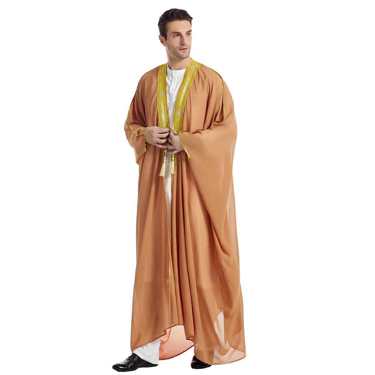 Dubai Men Muslim Stand-up Collar Plain abiti musulmani emirati arabi uniti, Arabia saudita, mantello esterno in Chiffon con perline d'oro ricamato