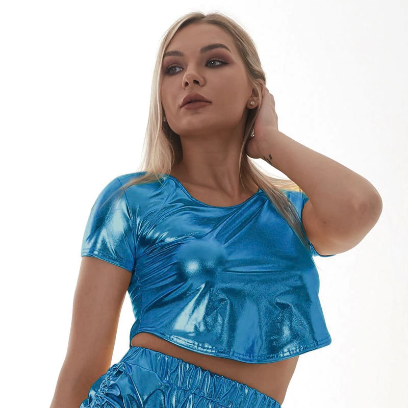 Sexy Short Sleeved Women Metallic Hip Hop Jazz Crop Top Street Dance Costumes Holographic Clothes Pole Dance Festival Party Club