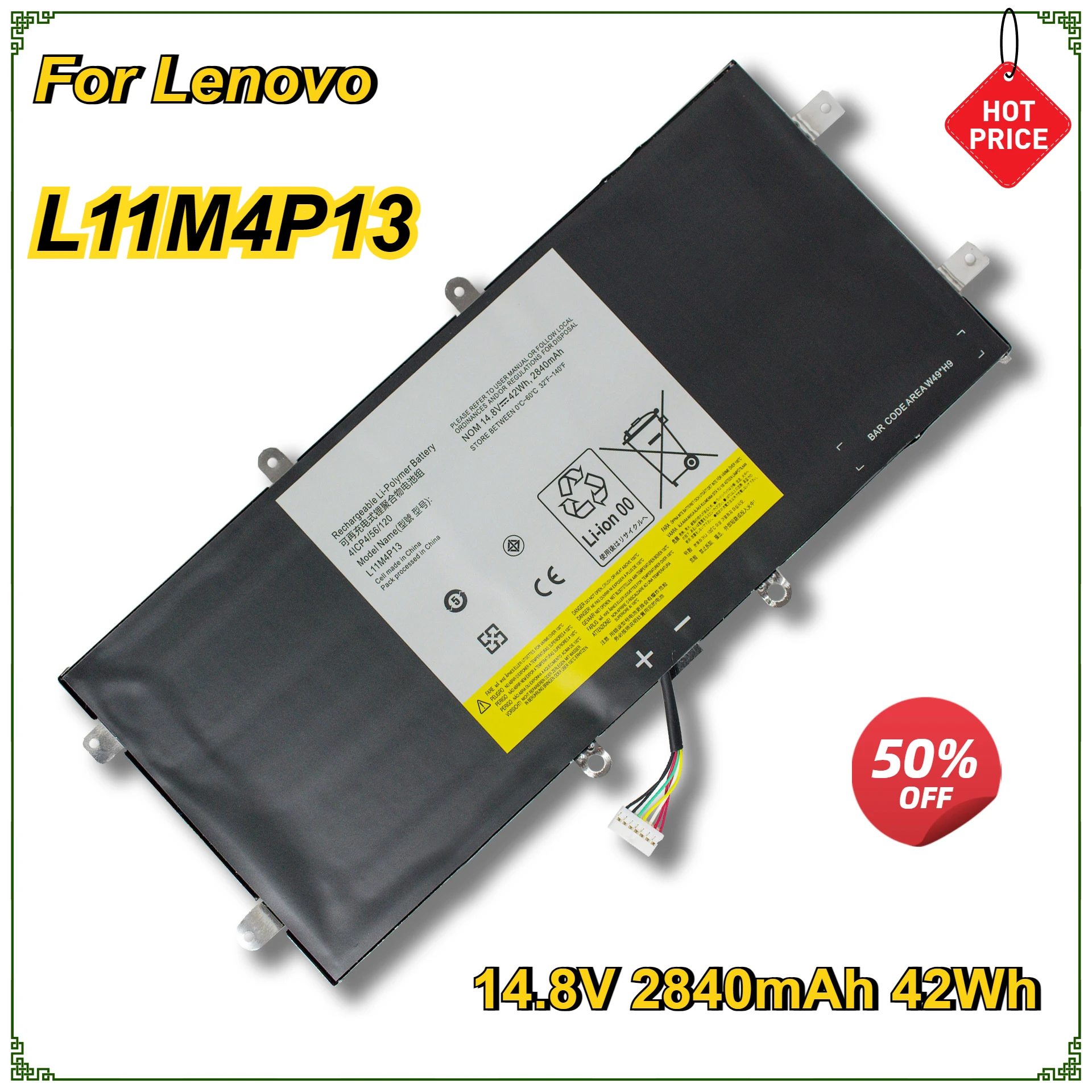 

L11M4P13 New Laptop Battery for Lenovo IdeaPad Yoga 11 YOGA 11S 4ICP4/56/120 14.8V 42Wh 2840mAh 4 Cells 8 Holes