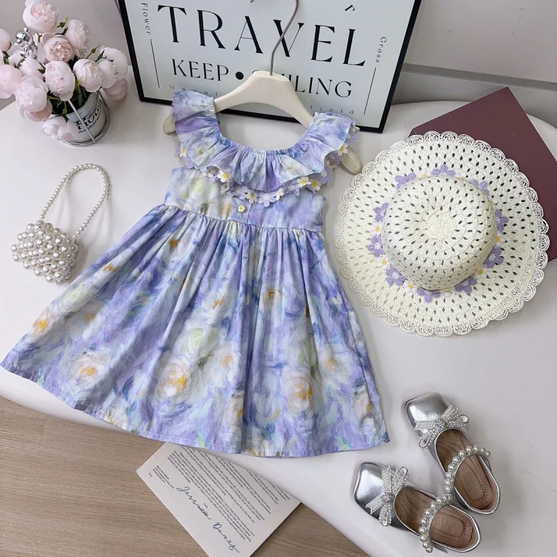 

Girls' Summer Dress2025New Lotus Leaf Collar Floral Princess Dress for Baby Girls Holiday Style Tank Dress Wholesale
