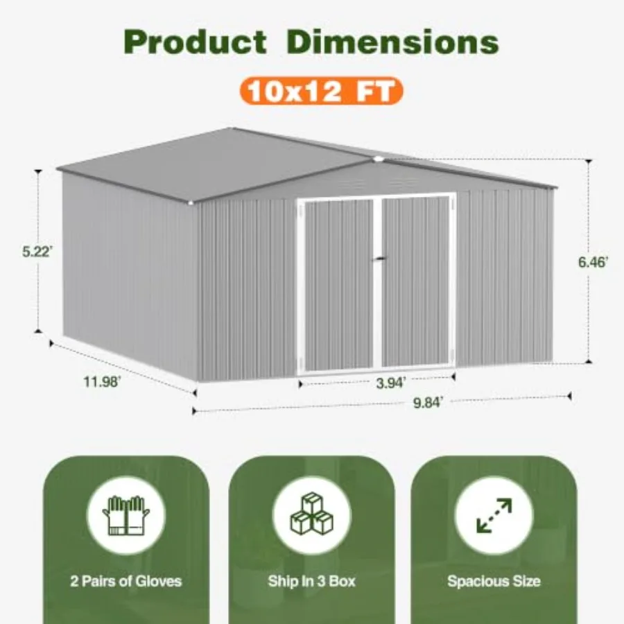 Outdoor storage shed for garden backyard lawn use, heavy duty metal construction, gray color, lockable double door and ventilat