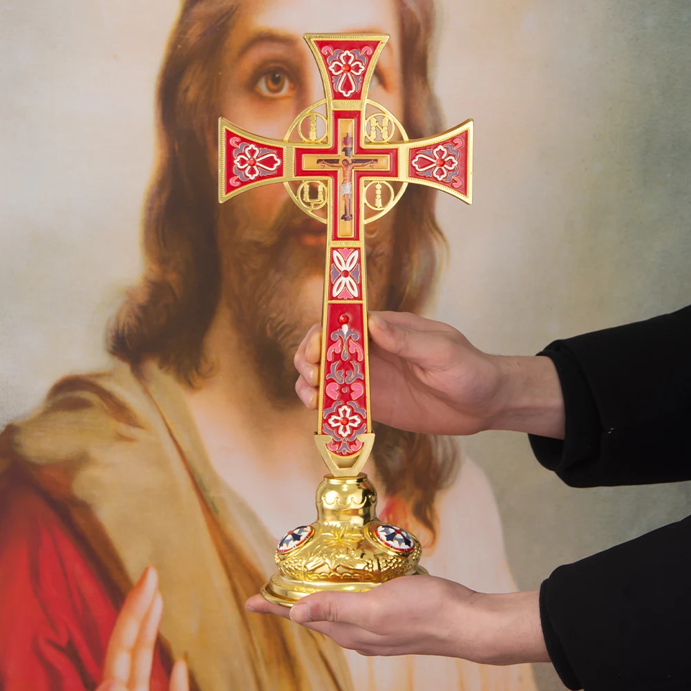 HTISOK Orthodoxes Altarkreuz im Byzantinischen Stil, Vergoldet, Emailliert, Stehendes Jesus-Kruzifix zur Kirchendekoration, Orthodoxes Kreuz – Detail 9
