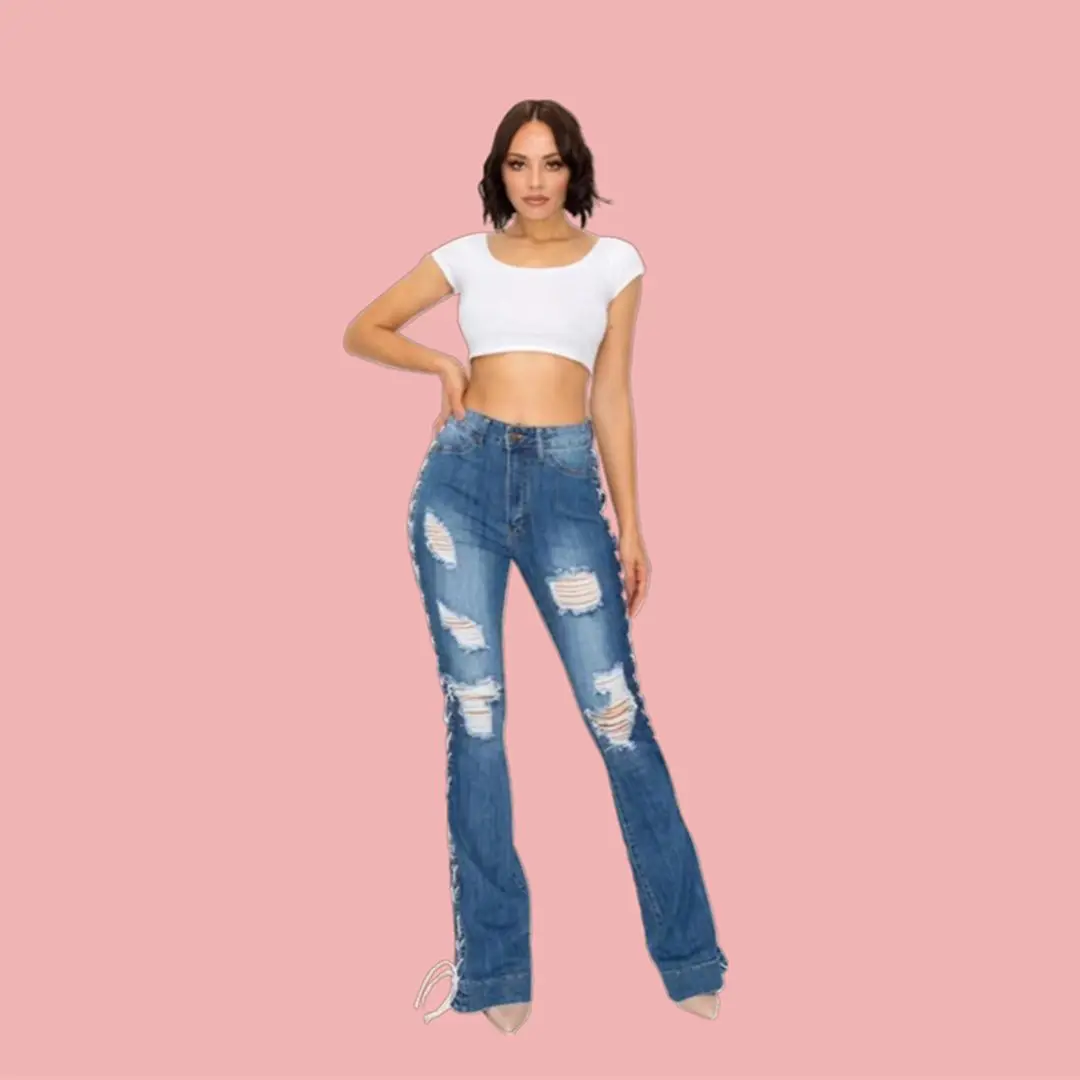 Jean déchiré en Denim pour femme, pantalon à siège ouvert, Sexy, extensible, évasé, jambes larges, avec poches, offre spéciale