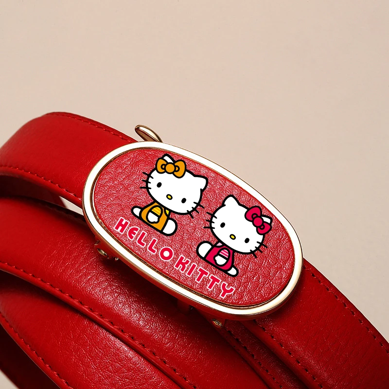 Hello Kitty-Cinturón de piel auténtica Sanrio Kawaii para mujer, cinturón con hebilla automática perforada sin dientes, versátil