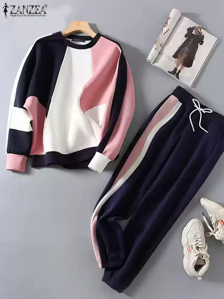 ZANZEA Women Loose 2pcs Outfits Color Block Streetwear Long Sleeve Sweatshirts 2024 Fall Pant Sets Casual Sweatpants Tracksuits