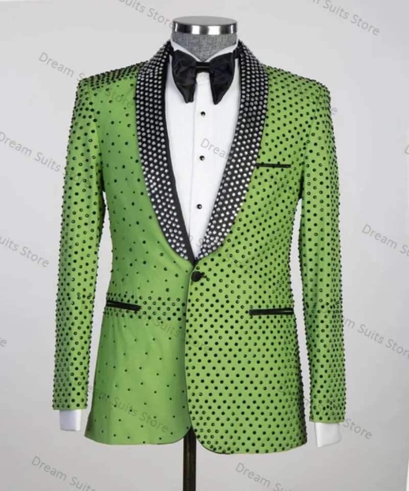 

Crystals Green Men Suits Set 2 Pieces Blazer+Black Pants Customized Office Jacket Cotton Prom Wedding Tuxedo Tailored Made Coat