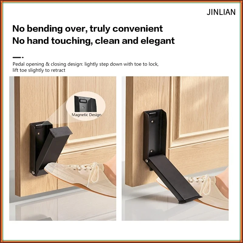 No Drill Foot Operated Door Stopper Stainless Steel Anti Slip Wedge With Rubber Pad For Home Hotel Office Windproof Security