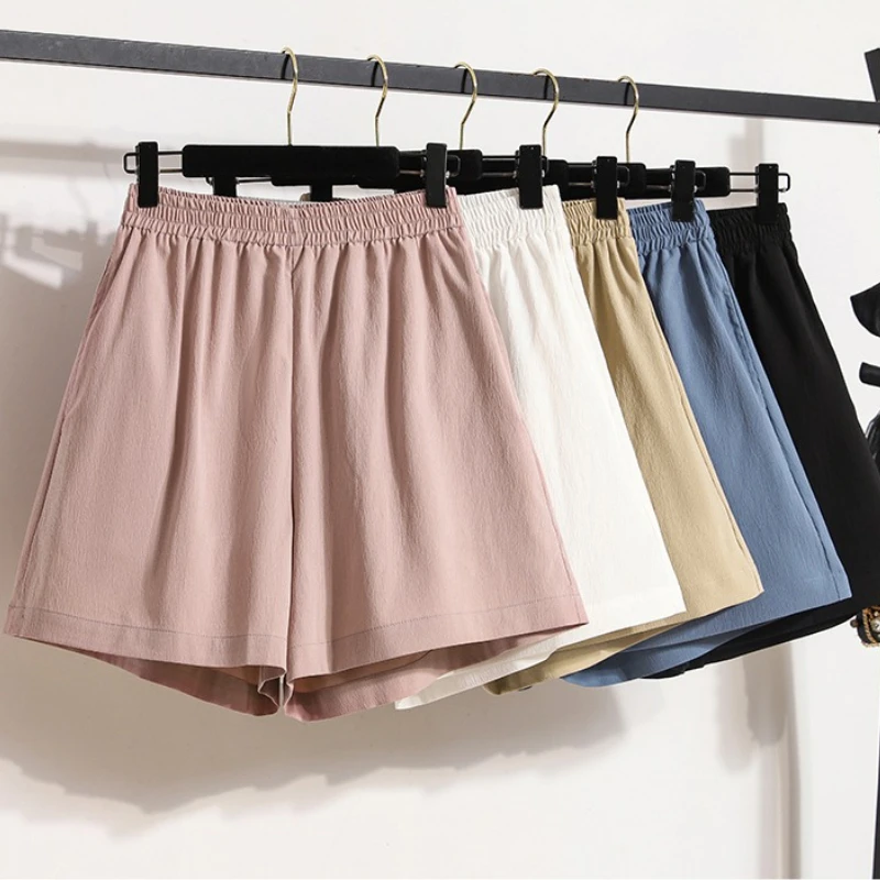 

2025 High Waist Sporty Plus Size Shorts Women New Loose Fit Casual Wide Leg Shorts Solid Color Pocket Elastic Waist Short Pants