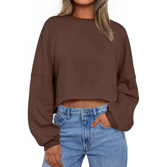 2025 New Long Sleeve Navel-Exposed Round Neck Sweatshirt Women's Short Sports Bottoming T-shirt Knitted Sweater Long Sleeve Top