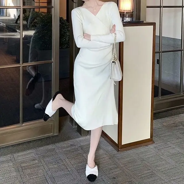 Women French Style V Neck Drawstring Knit Dress Elegant Slim Waist Midi Dress Fall Winter Office Lady Slim Fit Clothing