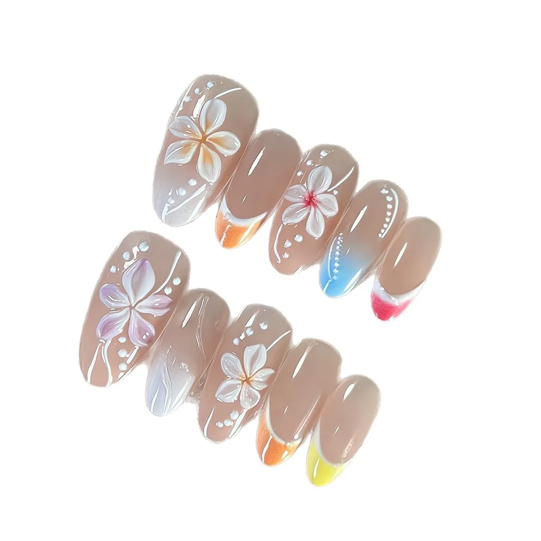 10pcs Handmade Press on Nails Summer Island Cream Flower Full Coverage Nail Tips for Women&Girls Short Detachable Wearable Nail