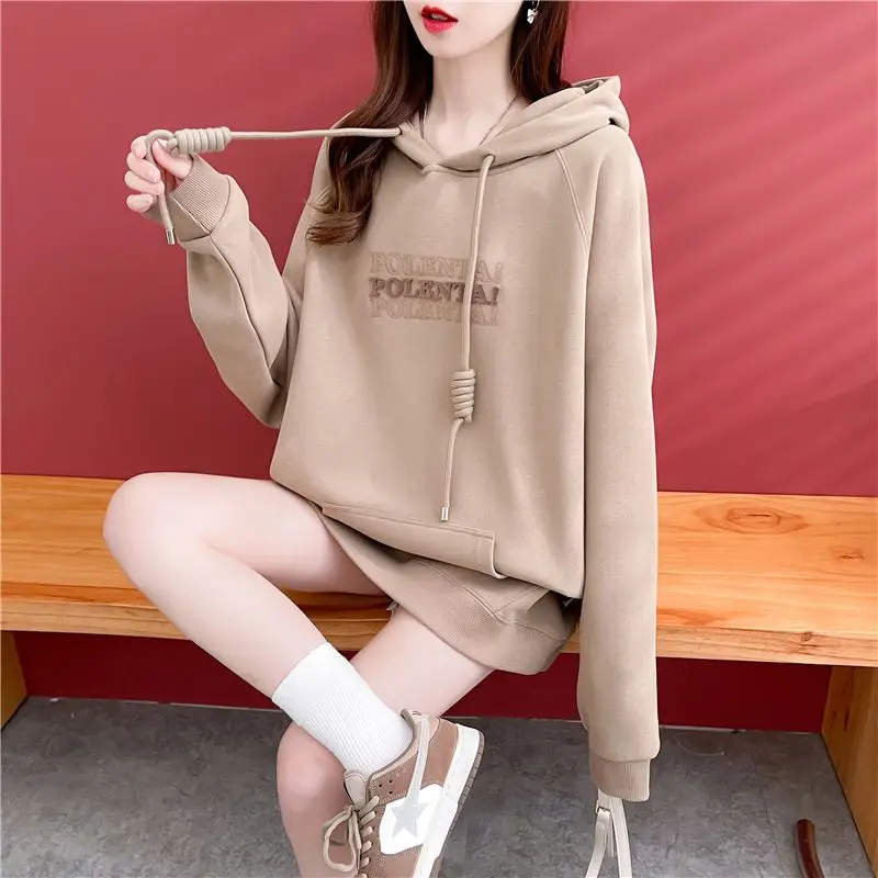 Trendy Letter Print Pullover Hoodies Women Spring Autumn Loose Long Sleeve Pocket Hooded Sweatshirt Korean Drawstring Pull Tops