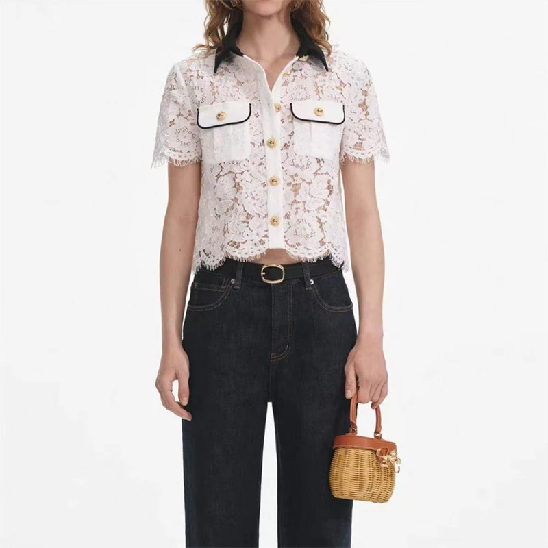 

Summer New Women's Patchwork Color Flip-Collar Lace Hollow out Shirt High-Quality Fashion Casual Loose Short Sleeve Short Style