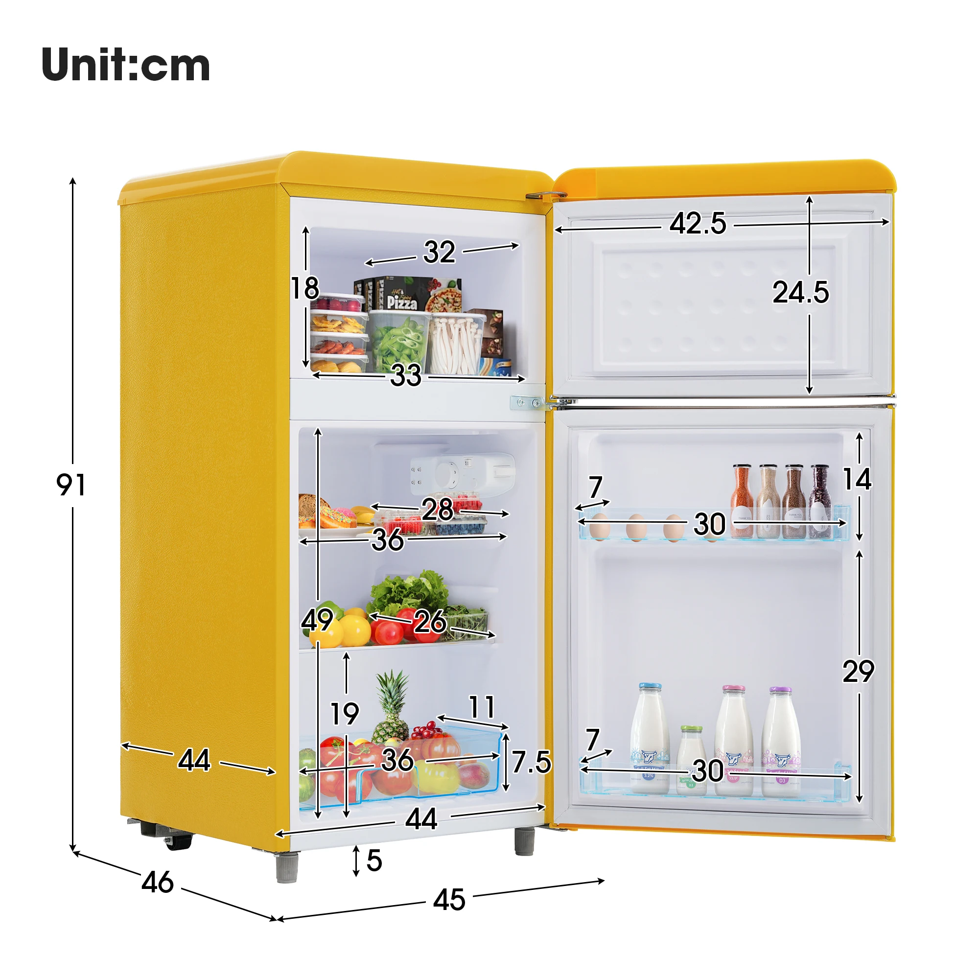 Retro refrigerator, upper and lower double door refrigerator, 72 liters total volume, with a freezer volume of 21 liters, 120 kWh/year,