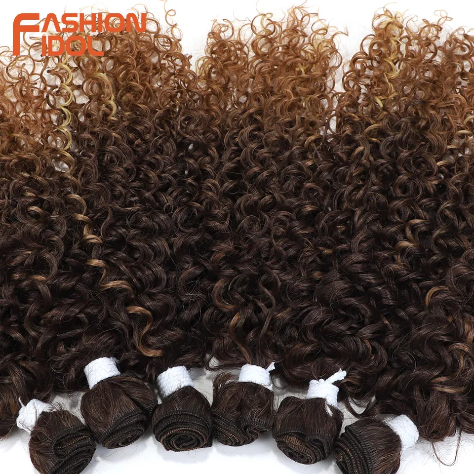 FASHION IDOL Afro Kinky Curly Hair Extensions 14-18 inch 6PCS Synthetic Hair Bundles Weave Ombre Brown Fake Hair