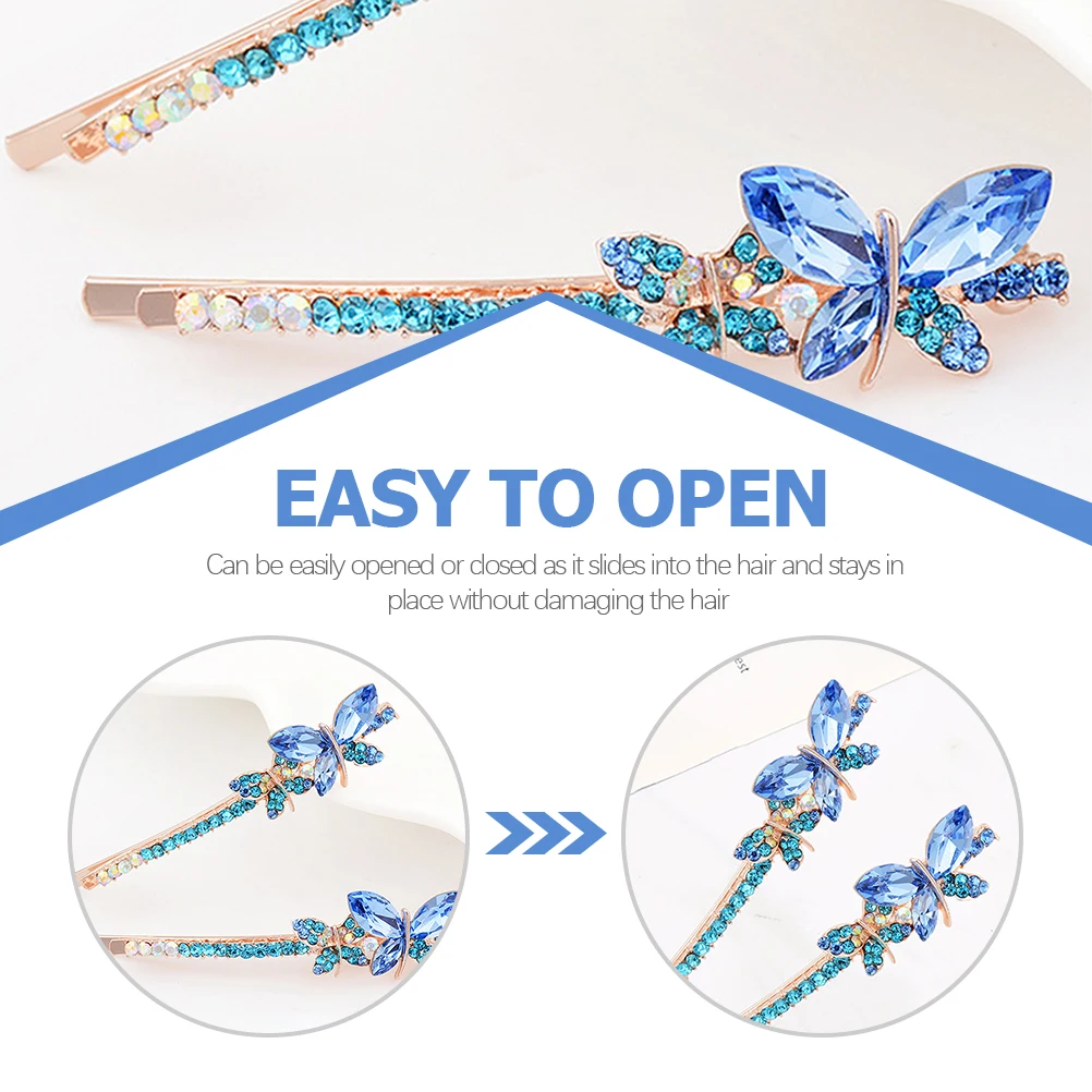 

2 Pairs Rhinestone Butterfly Hair Clip Barrettes Barette for Women Hairpin Zinc Alloy Accessory Bride Butterflies Clips
