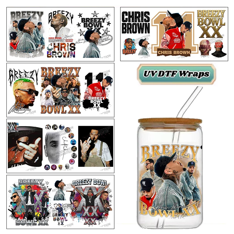 Hip Hop Singer Chris Brown UV DTF Cup Wrap Waterproof Cold Transfer Sticker for 16oz Libbey Glass Can DIY Fan Gift Decor