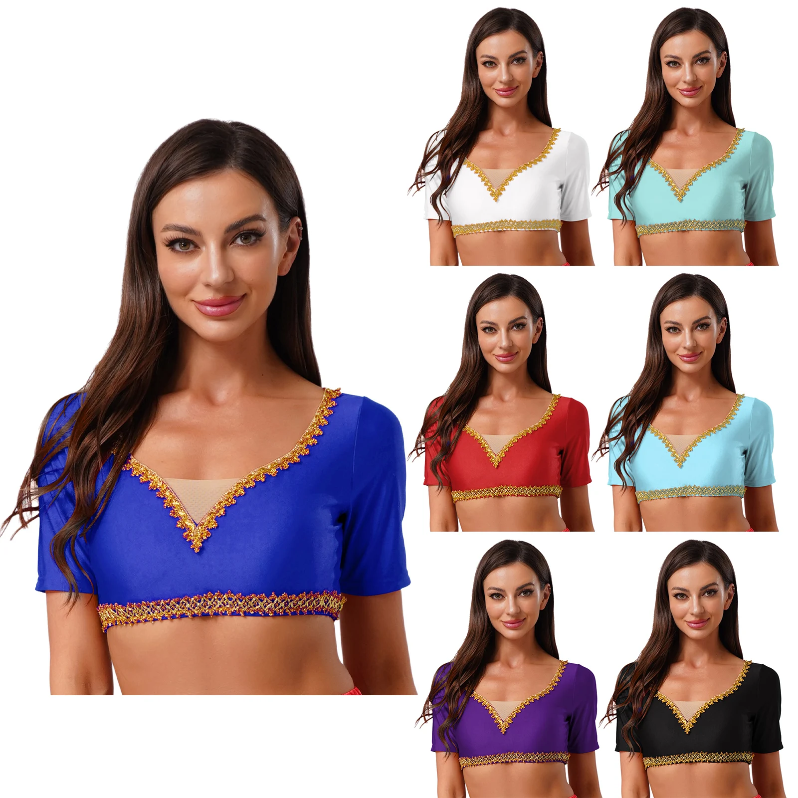 Krótki top do tańca brzucha damski stylowy cekinowy mini top do indyjskiego arabskiego tradycyjnego tańca kostiumy