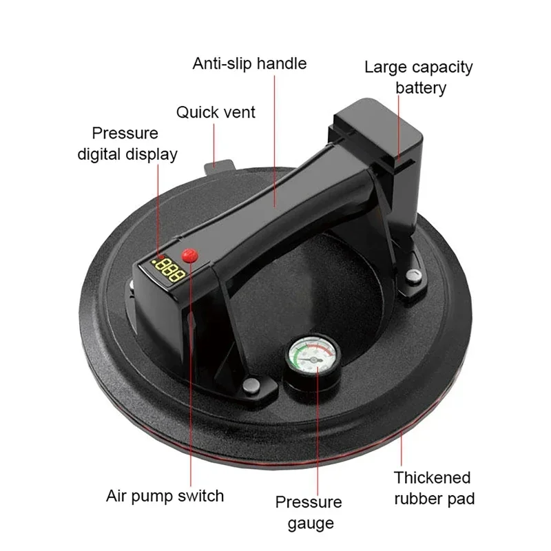 9 Inch Electric Vacuum Suction Cup with Smart Pressure Gauge 240Kg Bearing Capacity Automatic Powerful Ceramic Tile Glass Lifter