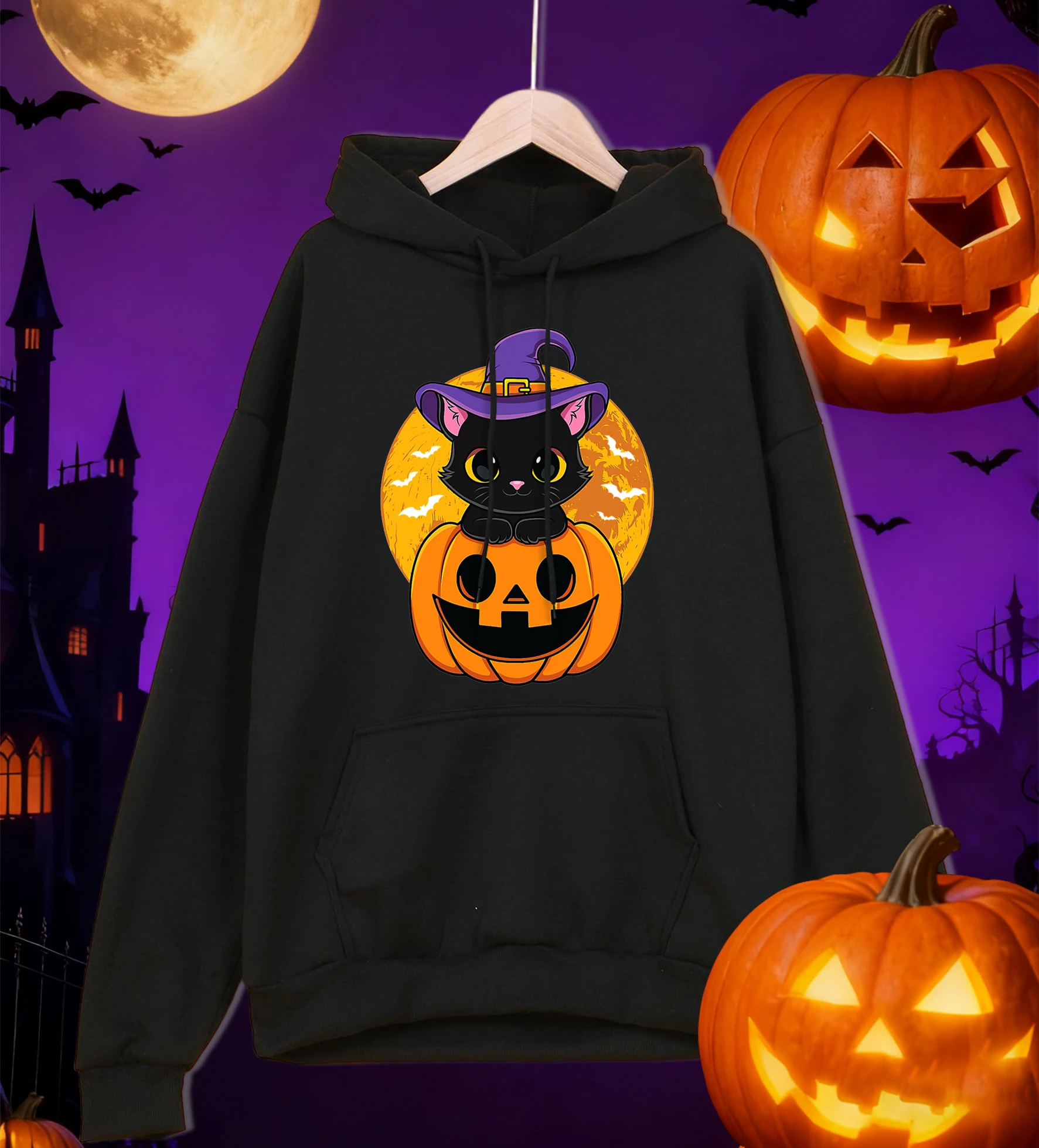 هالوين لطيف هريرة واليقطين الطباعة الرجال هودي المتضخم كنزة بغطاء رأس من الصوف الخريف الملابس جيب غير رسمي الذكور الرياضية