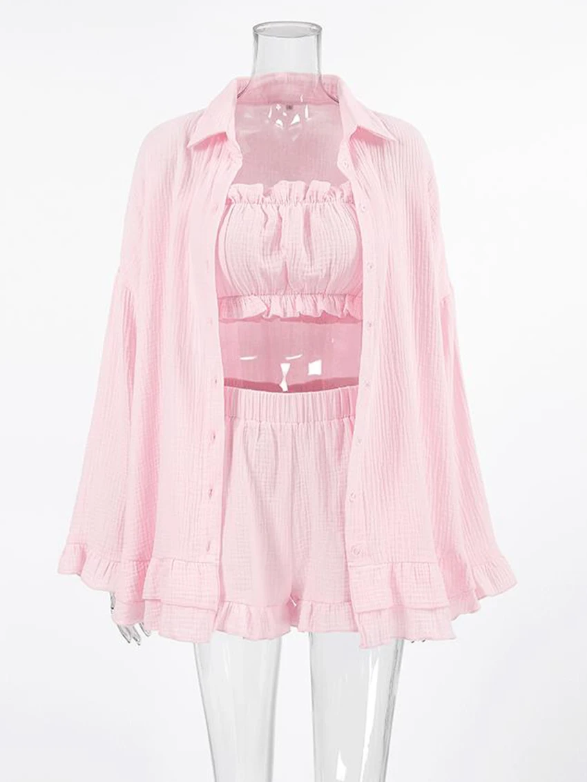 Marthaqiqi Cotton Female Nightwear 3 Piece Suit Long Sleeve Robe Turn-Down Collar Pajama Tank Top Sleepwear Shorts Nightgown Set