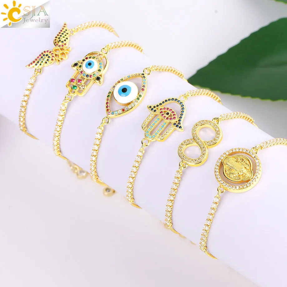 CSJA Turkish Hasma Hand Bracelet Gold Color Adjustable Chains Zircon Fatima Enamel Evil Eye Charms Bracelets For Women T047