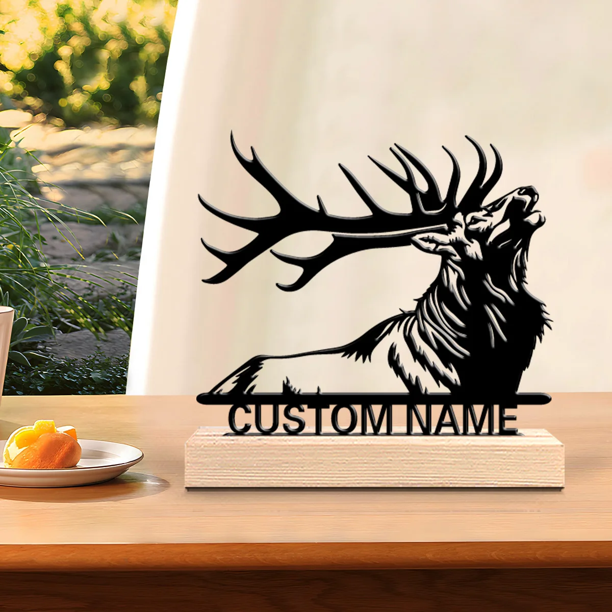 1pc Abstract elk Customizable Name Metal Statue Iron Ornament Art Figurine With Wood Base Tin Statue Office Desk