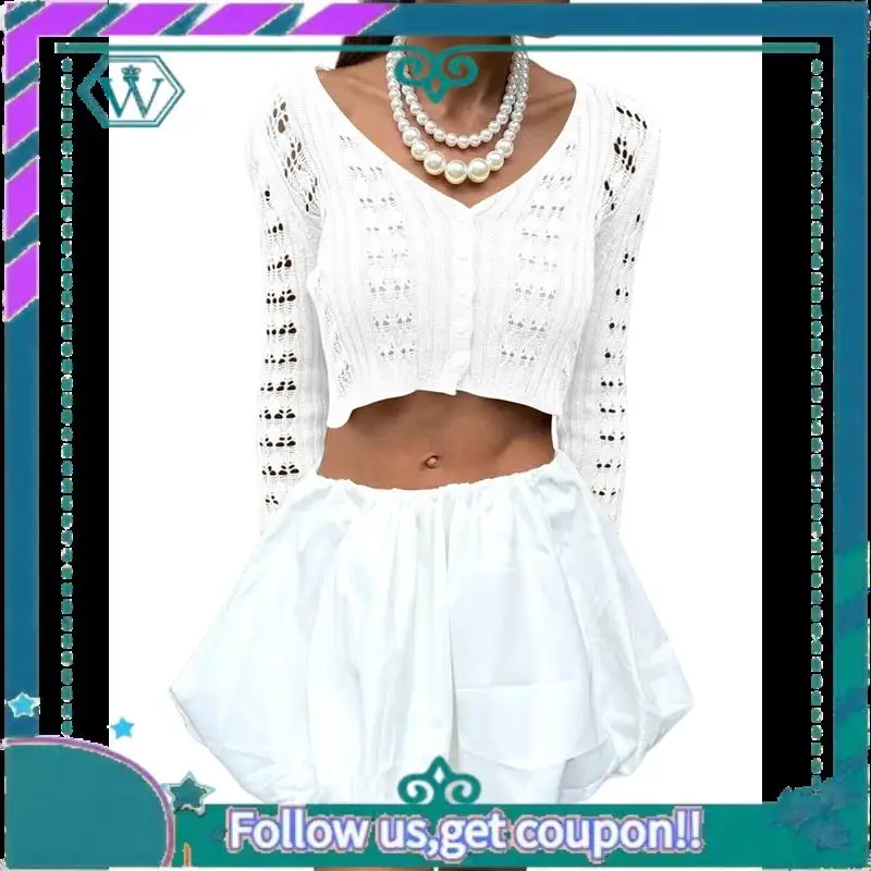 

A09P Tops For Women V-Neck Cutout Buttonswhite Cardigan For Women Long Bell Sleeves Knit