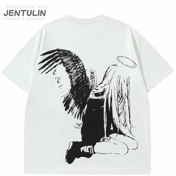 Harajuku Men Tshirt Streetwear Japanese Anime Tops Angel Wings Graphic Clothing 2024 Summer Black T-Shirt Cartoon Tee Cotton Y2K