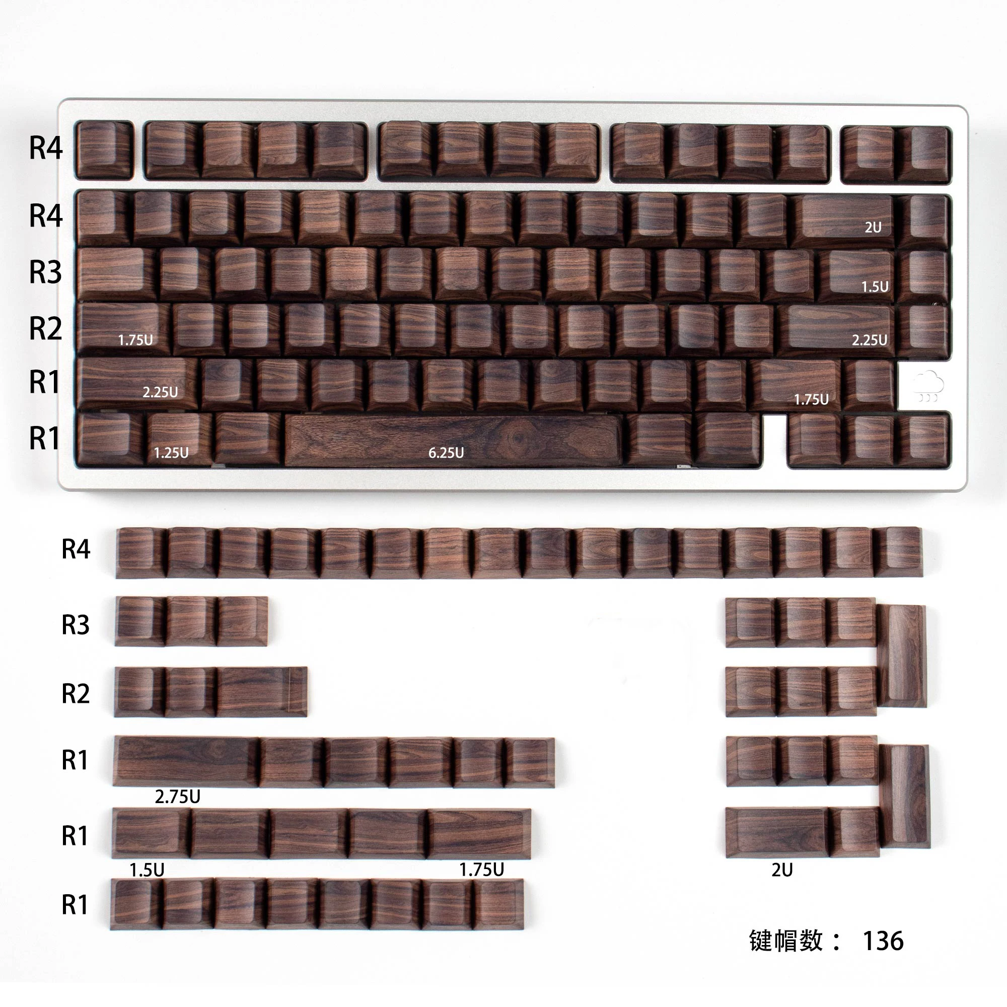 136 Keys Wooden texture keycaps Cherry Profile 5 Side Dye-Sub PBT Side Print Backlit Keycaps For Cherry MX Mechanical Keyboard