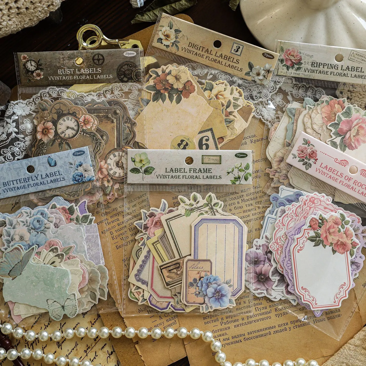 

20sets/1lot Kawaii Stationery Stickers Vintage Flower Label Junk Journaling Decorative Scrapbooking for stickers Scrapbook