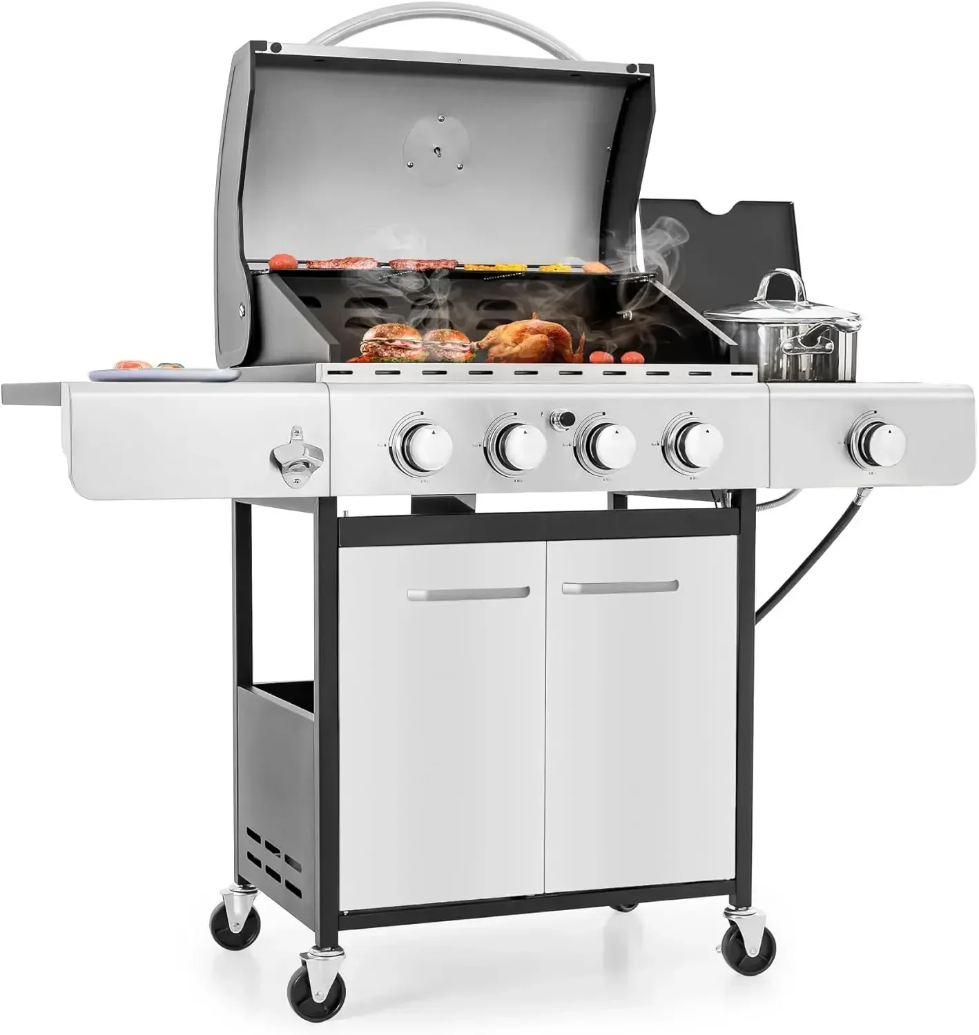 MFSTUDIO 4 Burner Propane Gas BBQ Grill with Side Burner and Porcelain-Enameled Cast Iron Grates, 42,000 BTU Output Stainles.