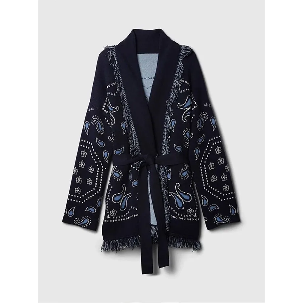 

Винтажный женский кардиган с принтом и бахромой, V-образный вырез, на шнуровке, из яркого волокна Coolmax, зимний вязаный свитер для женщин