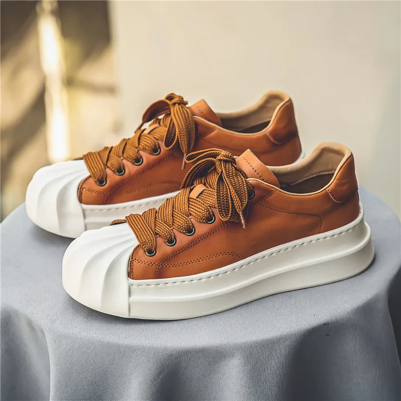 Fashion Brown Shell Toe Shoes Men 2024 Designer  Leather Sneakers Men Breathable Mens Vulcanized Shoes