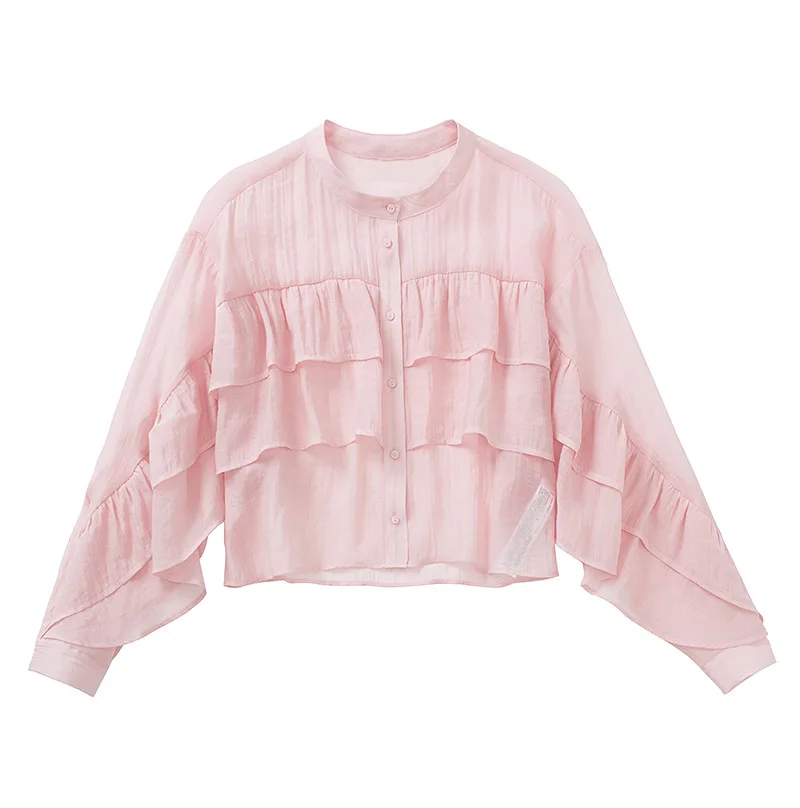 Gypsylady Pink Women Ruffles Blouses Shirt Fashion Vintage Long Sleeve Button-up Female Shirts Ladies Summer Blusas Chic Tops