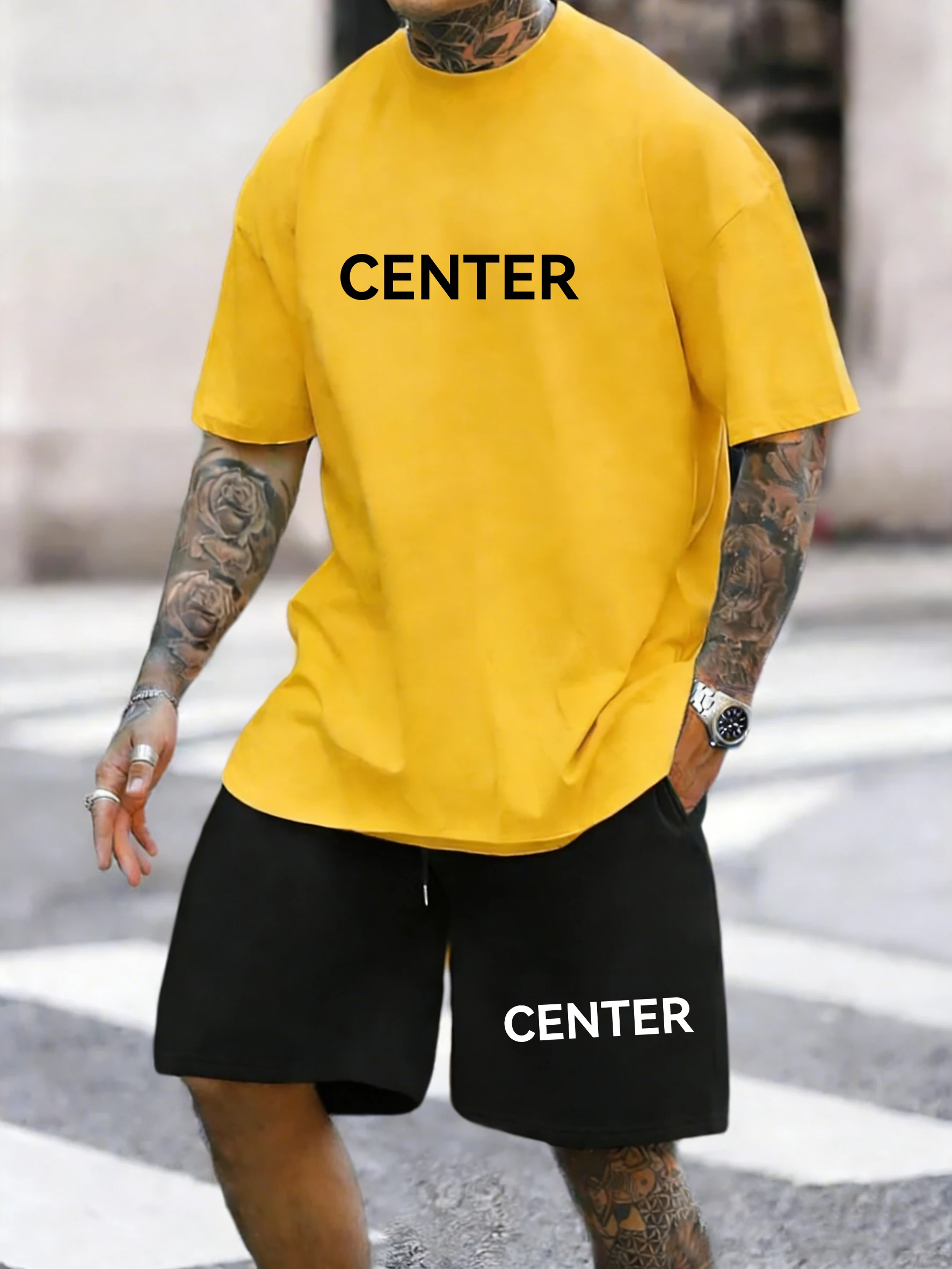 

2PCS T Shirts Set Center Letter Prints Cotton Tops Sporty Shorts Mens Oversized Soft O-Neck T-Shirts Pocket High Waisted Pants