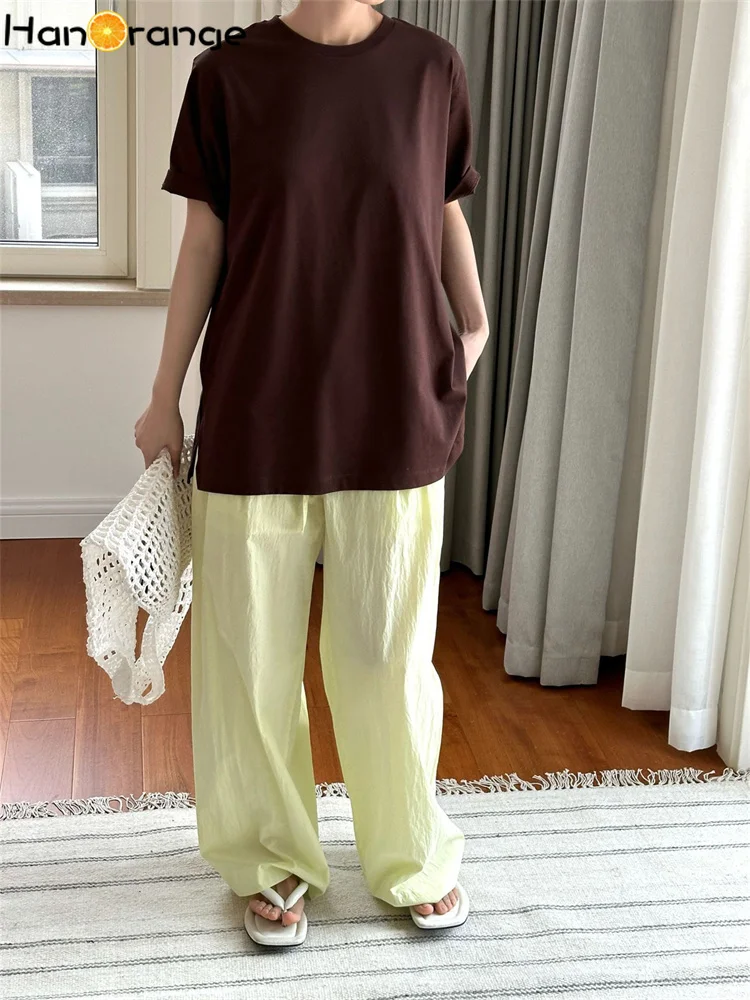 HanOrange 2025 verano silueta Simple versátil Camiseta de manga corta mujeres seco transpirable suelta Top camisetas marrón/azul claro