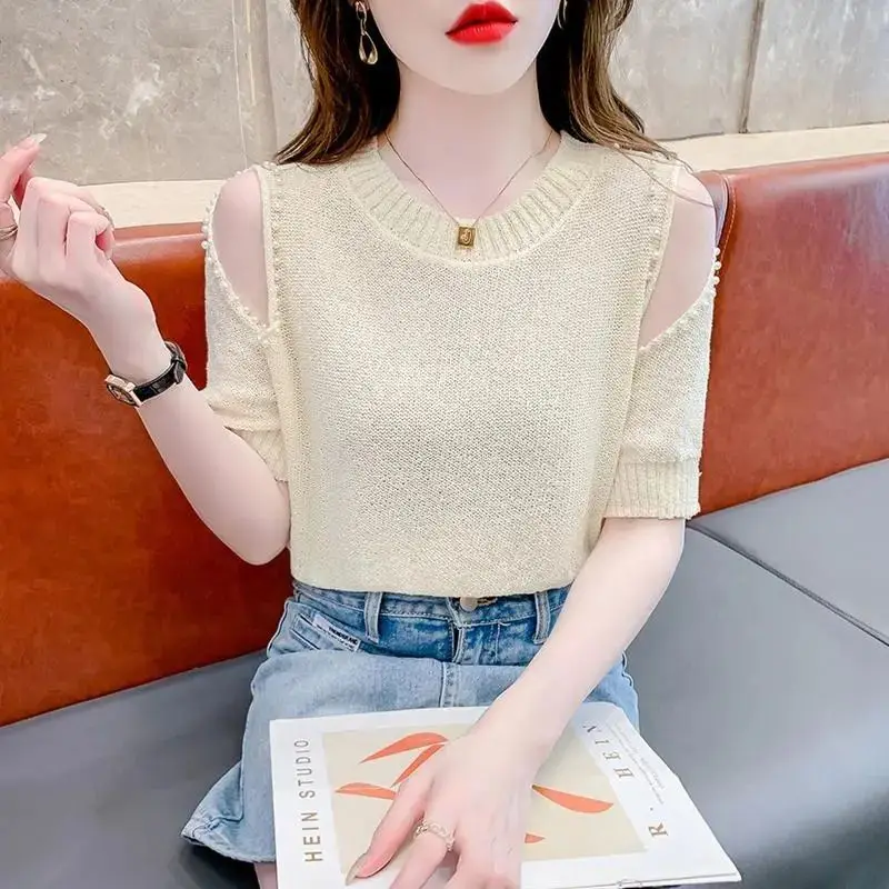 Women\'s Solid Color Summer Round Neck Pullover Short Sleeve Thin Hollow Out Sweater Knitted Casual Elegant T-shirt Beaded Tops