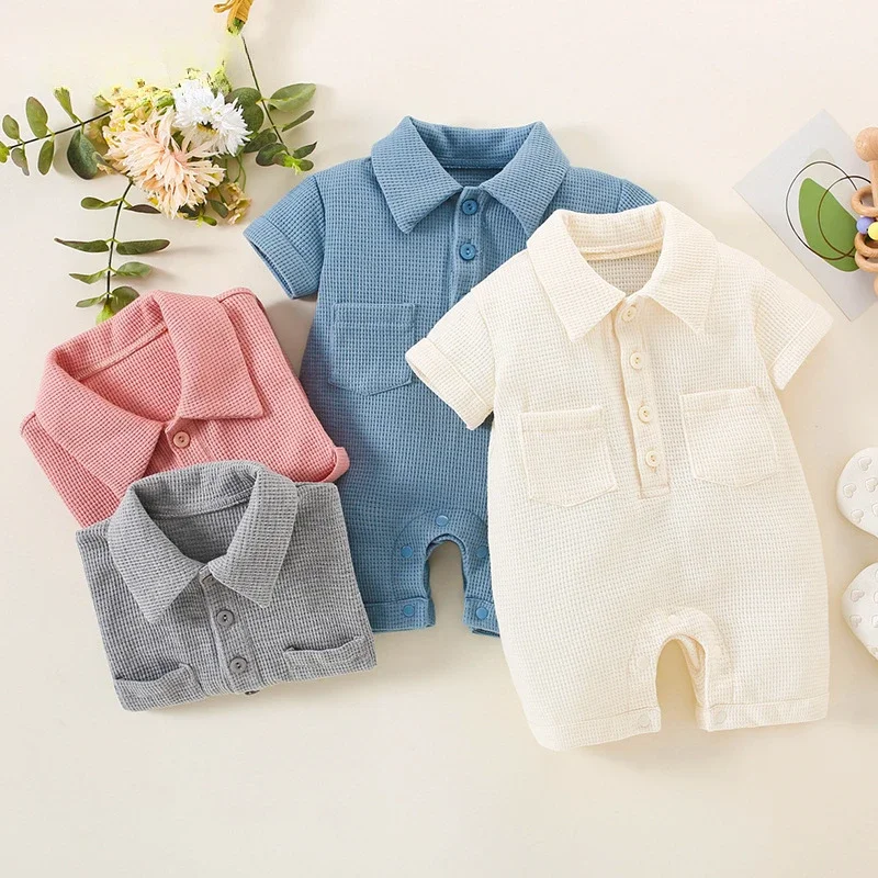 0-24M Newborn Baby Girl Solid Waffle Short Sleeve Jumpsuit Baby Unisex Boys & Girls Infant Tooling Bodysuit