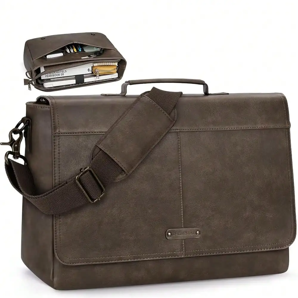 

Vintage Flap Messenger Bag For Men PU Leather Laptop Bag 15.6 Inch Mens Briefcase Waterproof Satchel Computer Bag