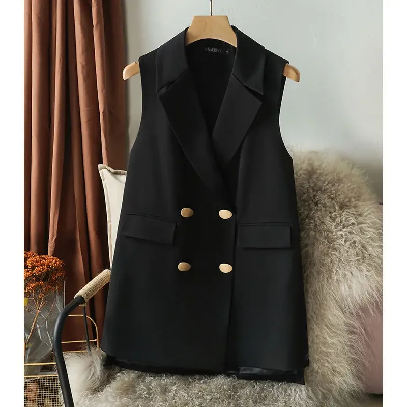 

Office Lady Long Casual Vest Women Classic Double Breasted Loose Black Waistcoat Woman Elegant Sleeveless Outerwear Chic E26