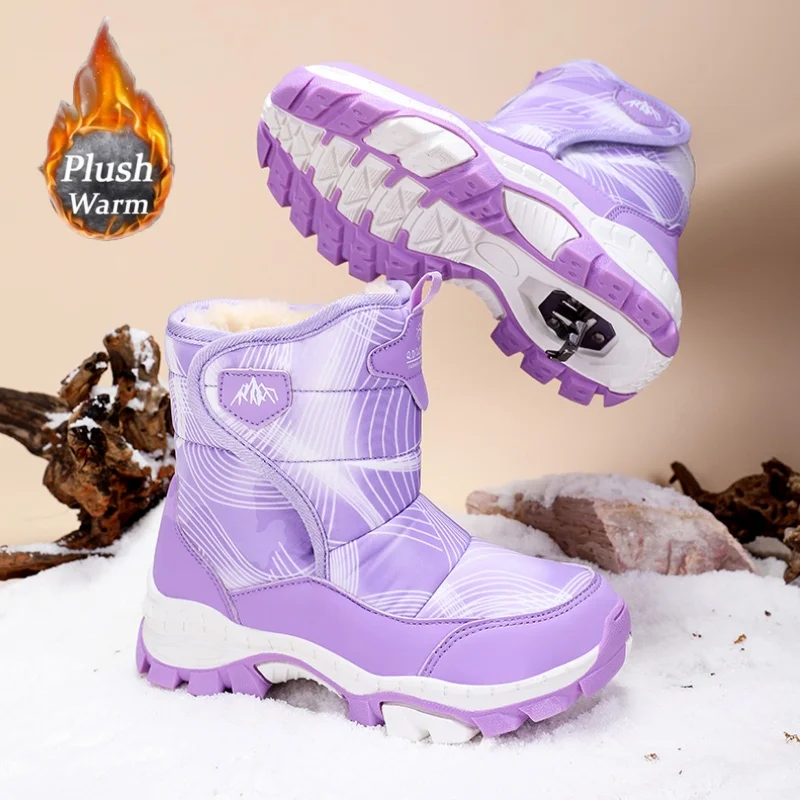 

Winter children's leisure snow boots non-slip outdoor girls hiking shoes plush lining children's boots fashion warm sports shoes