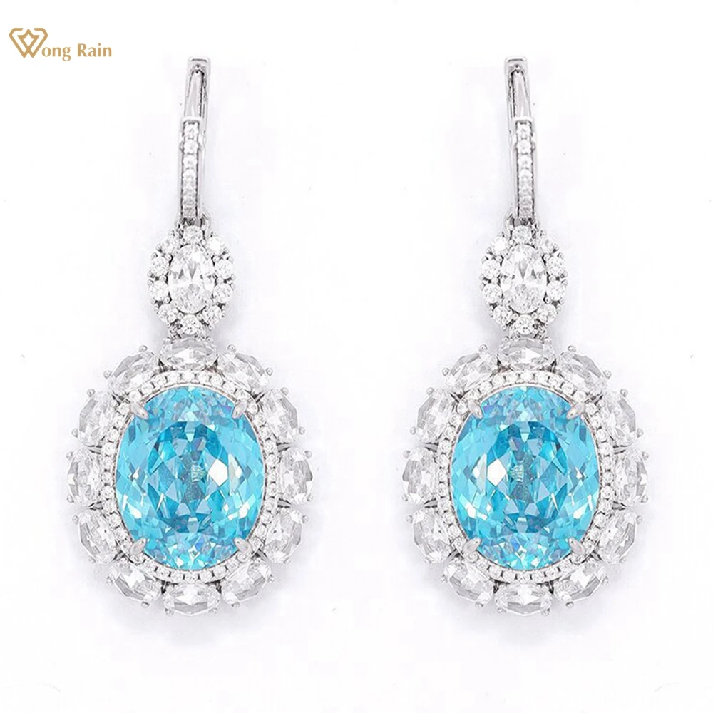 Wong Rain Luxury 100% 925 Sterling Silver Oval Cut Paraiba Tourmaline High Carbon Diamond Gems Drop Dangle Earrings Fine Jewelry