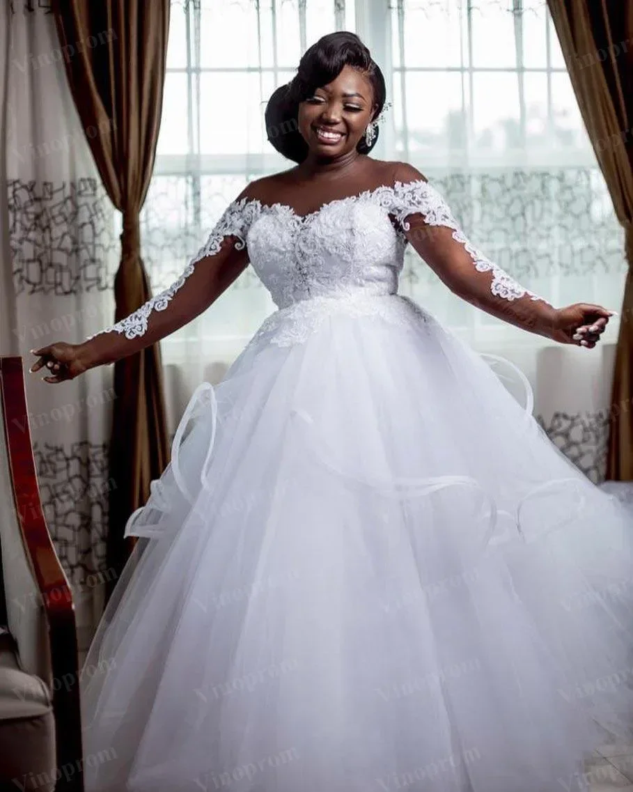Customize Plus Size Arabic Lace Beaded Cheap Wedding Dresses Sheer Neck Bridal Dresses Long Sleeves Wedding Gowns 2021