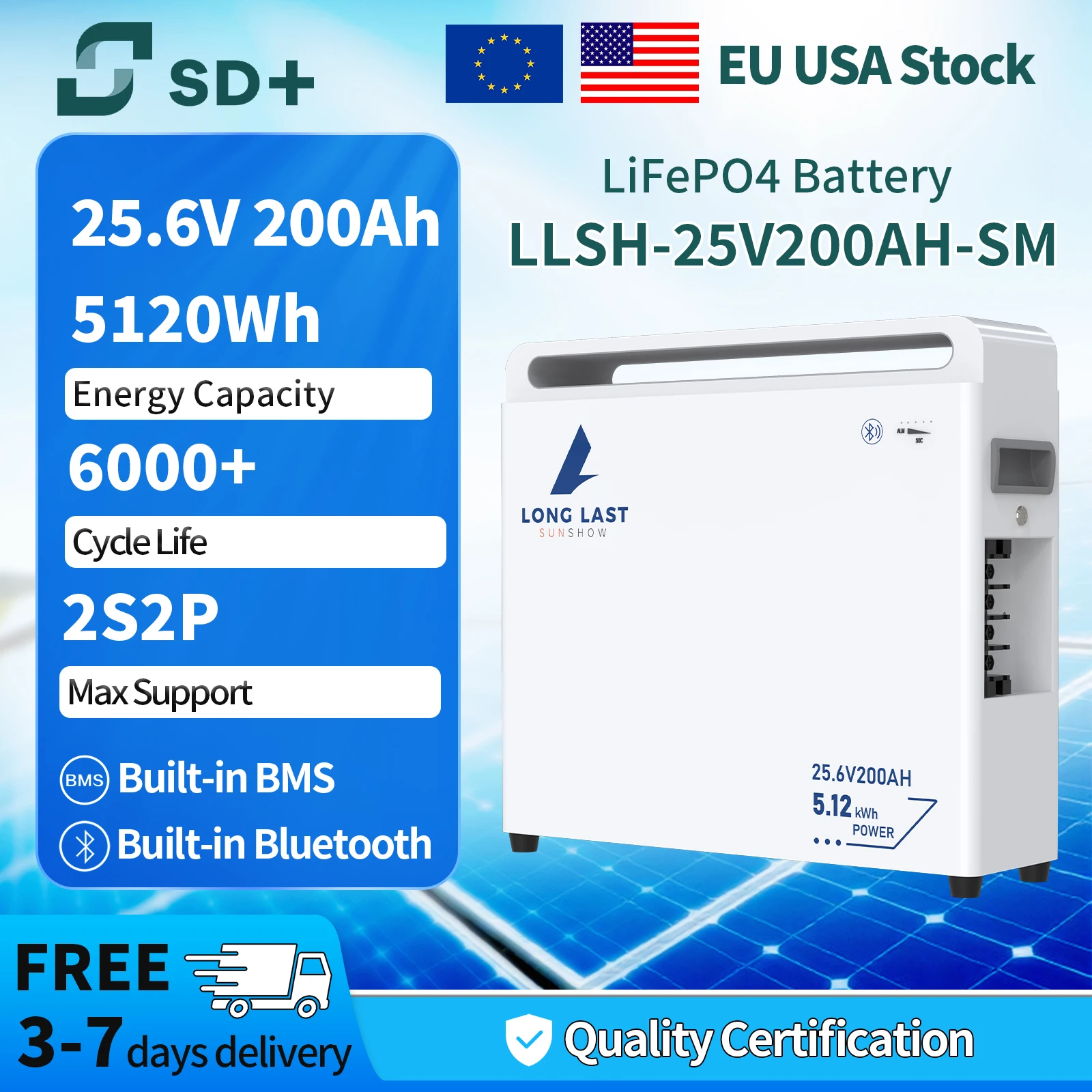 Sandisolar Lifepo4 Lithium-Batterie 25,6V 200Ah 5120Wh mit Smart BMS 6000+ Tiefzyklus-Solar-Energiespeicher für Wechselrichter-Systeme EU-Lager