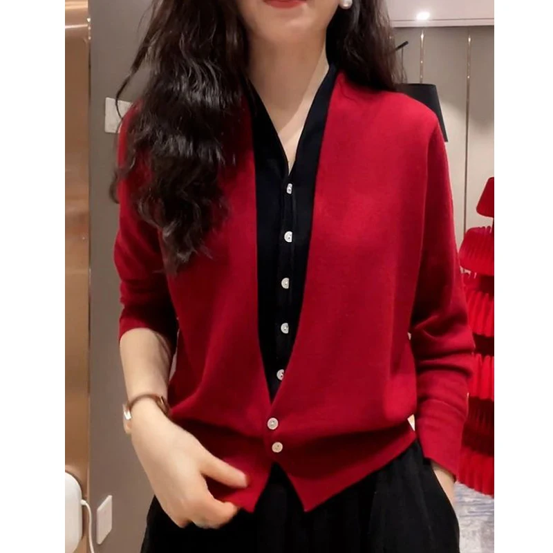 Women Elegant Fashion Fake Two Piece Knitwear Autumn V Neck Long Sleeve Chic Button Knitted Sweater Casual Solid Patchwork Tops