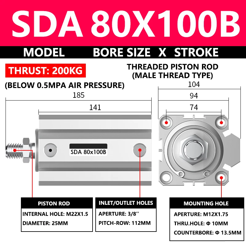 ABILKEEN SDA80X100B SDA Series Thin Air Cylinder 80MM Male Thread Bore X 100MM Stroke Double Acting Pneumatic Compact Cylinder