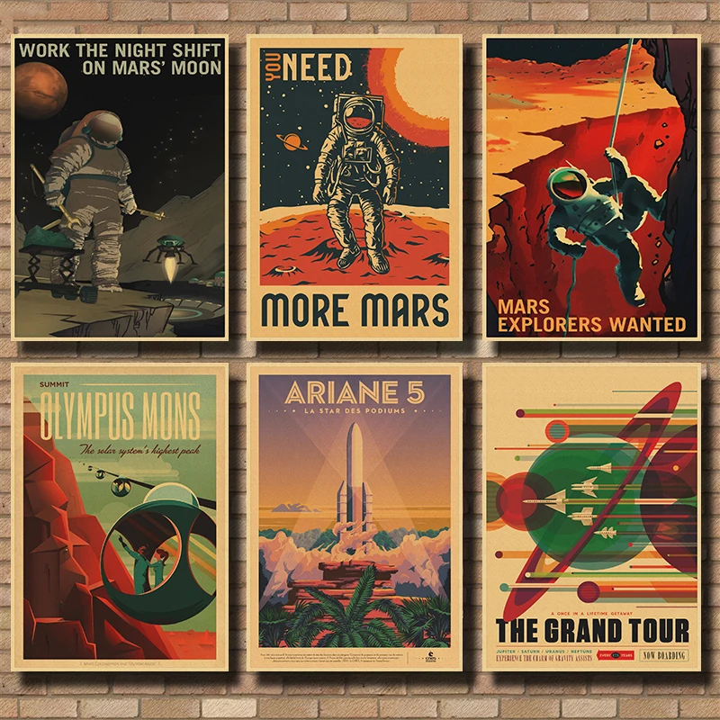 Vintage Space Astronauts Rocket Ufo Aliens Spacecraft Painting Posters and Prints Retro Space Wall Art Picture Home Decor